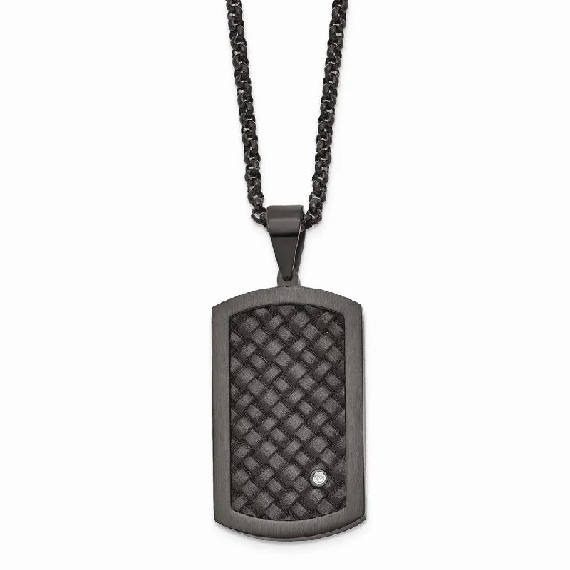 Stainless Steel Brushed Blk Leather Blk IP CZ Dogtag Necklace