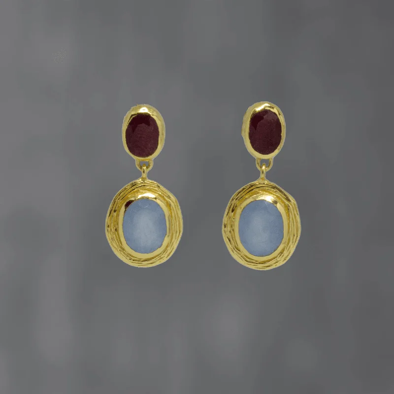 Gold Textured Ruby and Blue Chalcedony Drop Earrings