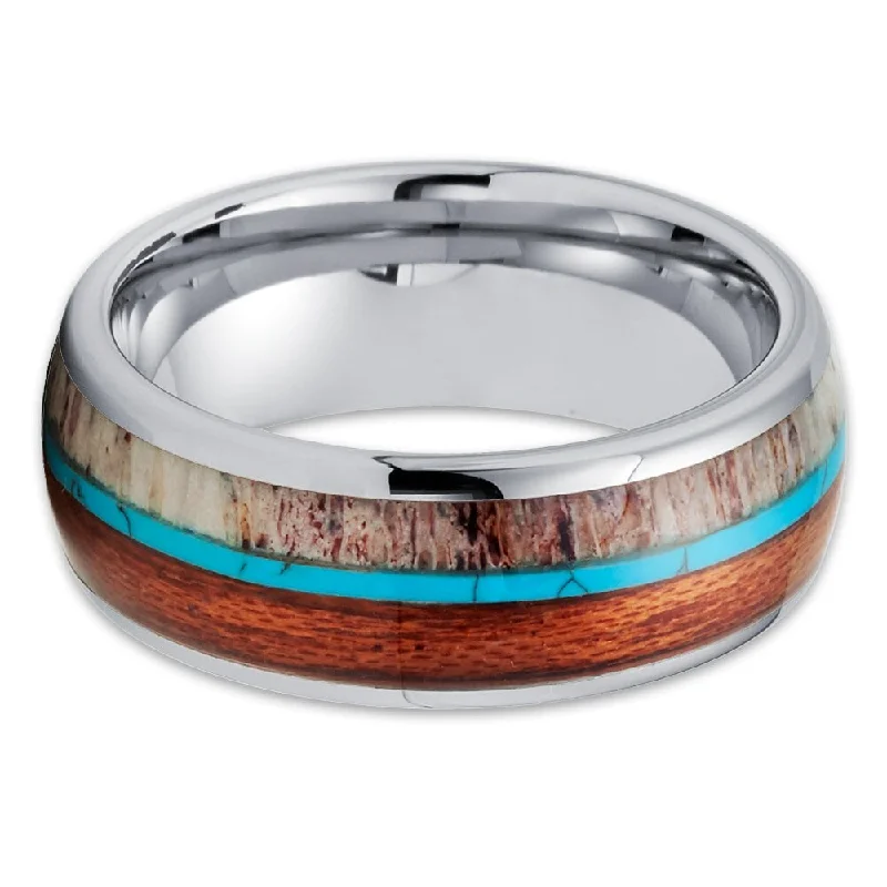 Deer Antler Tungsten Wedding Ring 8Mm Turquoise Koa Wood Comfort Fit - Silver