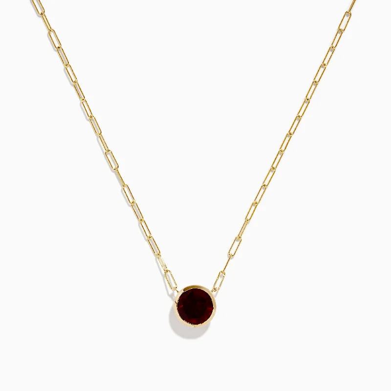 14K Yellow Gold Garnet Bezel Pendant with Paperclip Chain