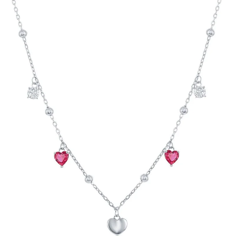 Classic Women's Necklace - Sterling Silver White and Ruby CZ Heart Beaded | M-6813