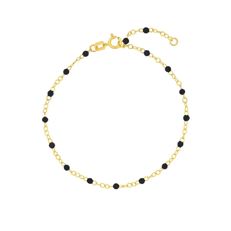 14K Yellow Gold Black Enamel Bead Piatto Chain Bracelet