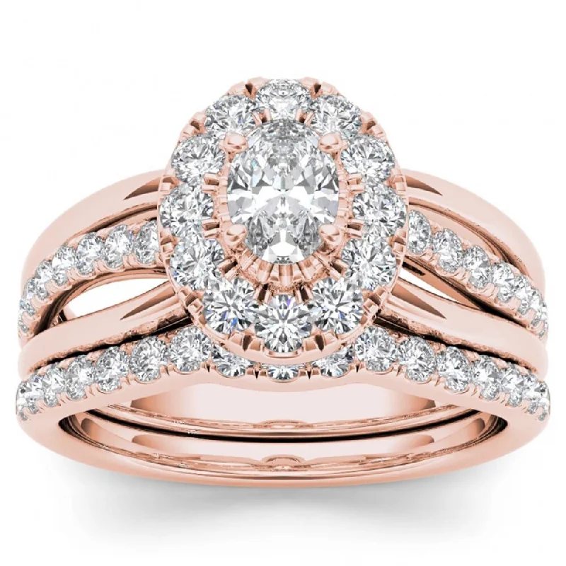 De Couer 14k Rose Gold 1ct TDW Oval Shape Diamond Halo Bridal Ring Set