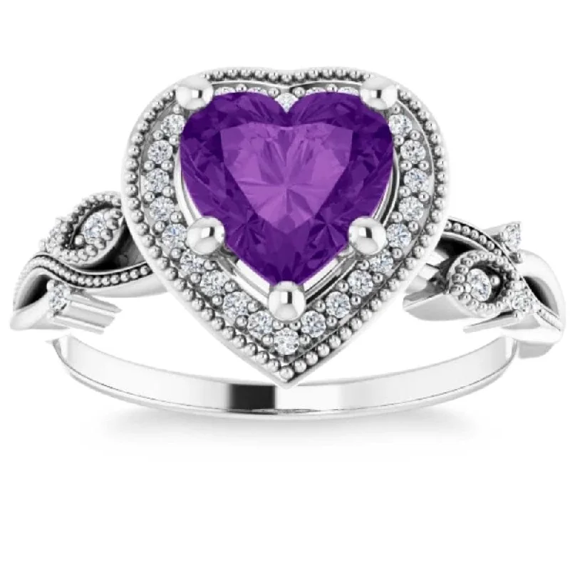 7mm Amethyst Vintage Diamond Heart Shape Halo Ring in White or Yellow Gold