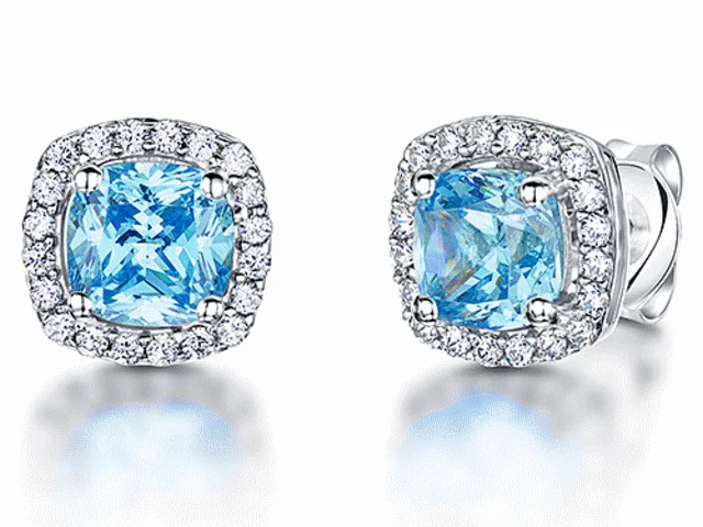 Jools Ocean Blue Cubic Zirconia Cushion Cut Halo Stud Earrings