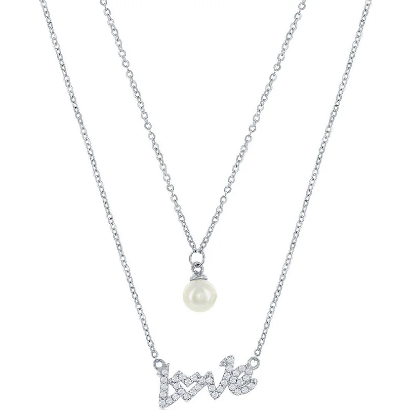 Classic Women's Necklace - Sterling Silver CZ LOVE and Round FWP Layered | M-6875