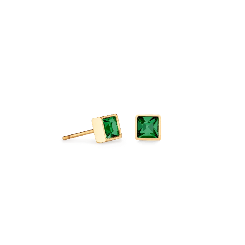 Coeur De Lion Brilliant Square Gold and Dark Green Crystal Stud Earrings