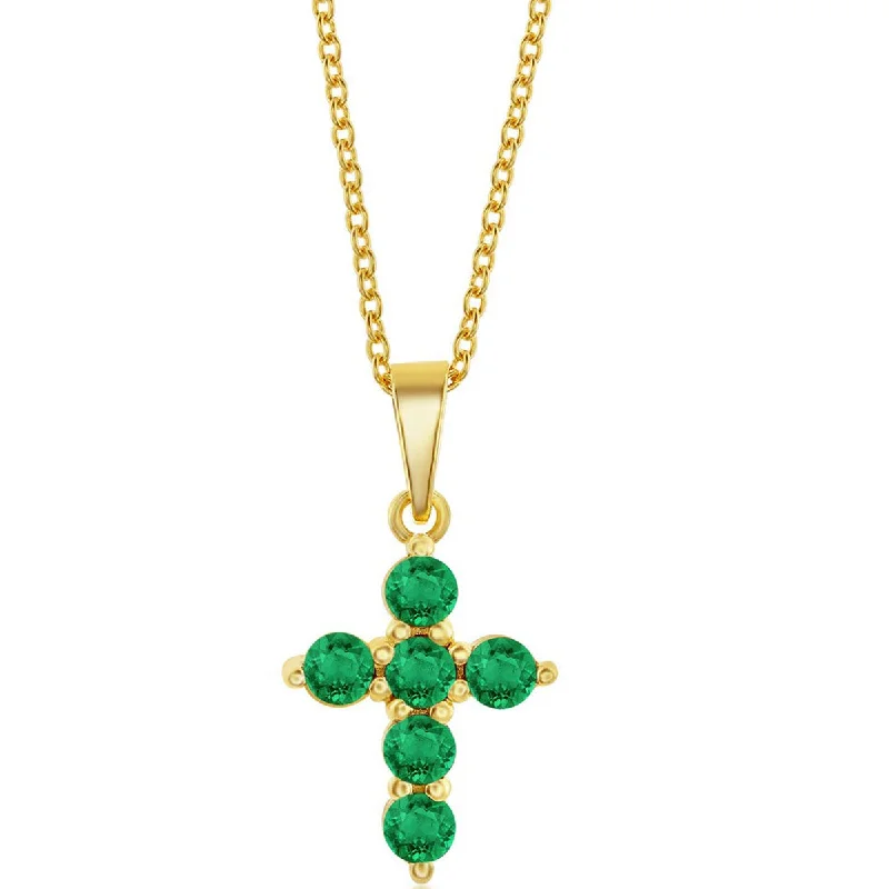 Classic Women's Necklace - Sterling Silver Gold Plated Emerald Cross | M-6825