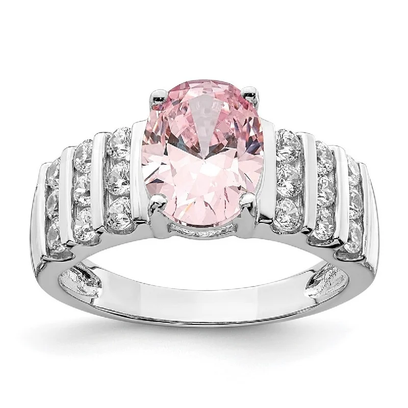 Curata 925 Sterling Silver Rhodium Plated Oval Pink and White CZ Cubic Zirconia Ring