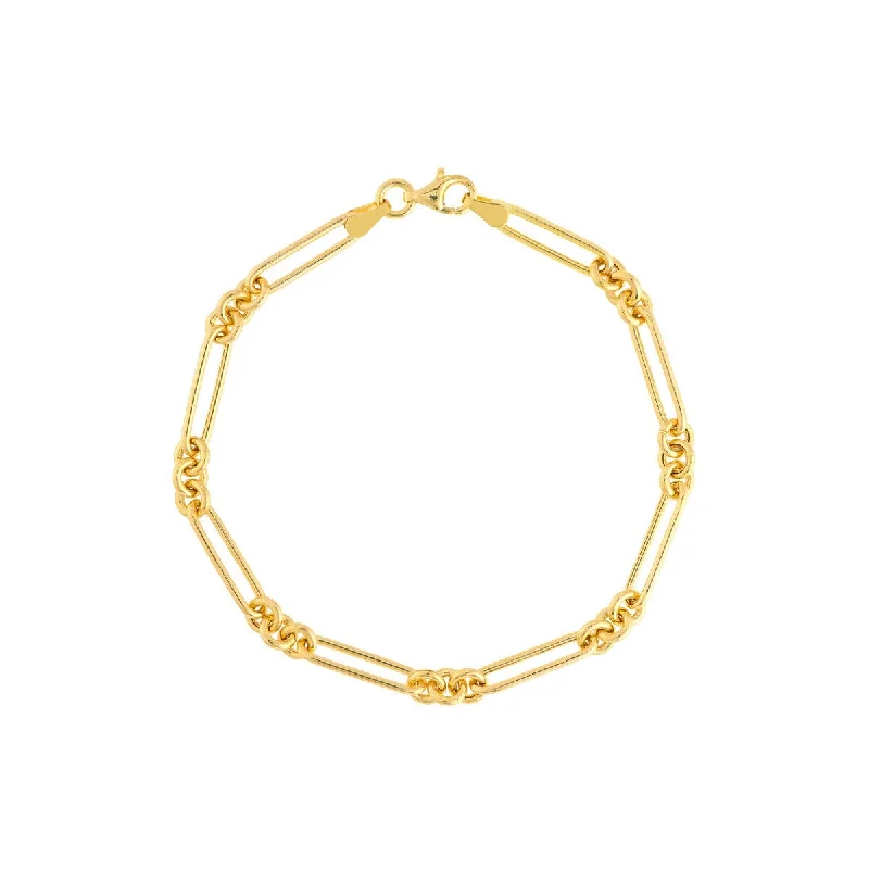 14K Yellow Gold 3+1 Hollow Fancy Rounded Paper Clip Chain with Pear Lock Bracelet