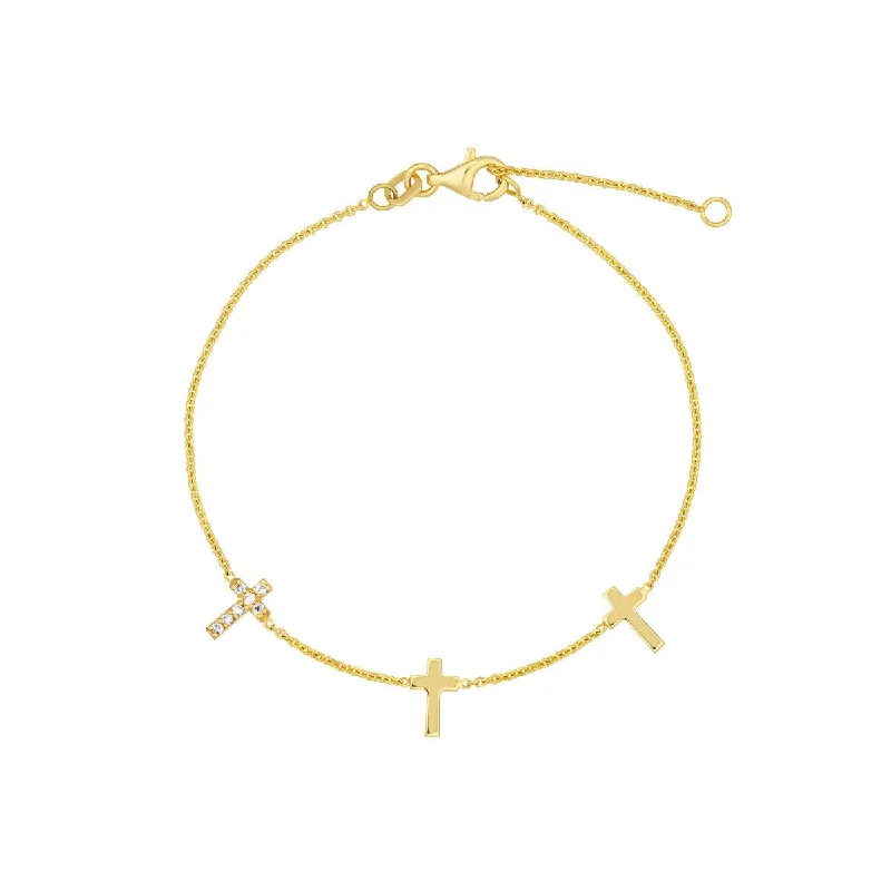 14K Yellow Gold Triple Cross with Diamond Bracelet