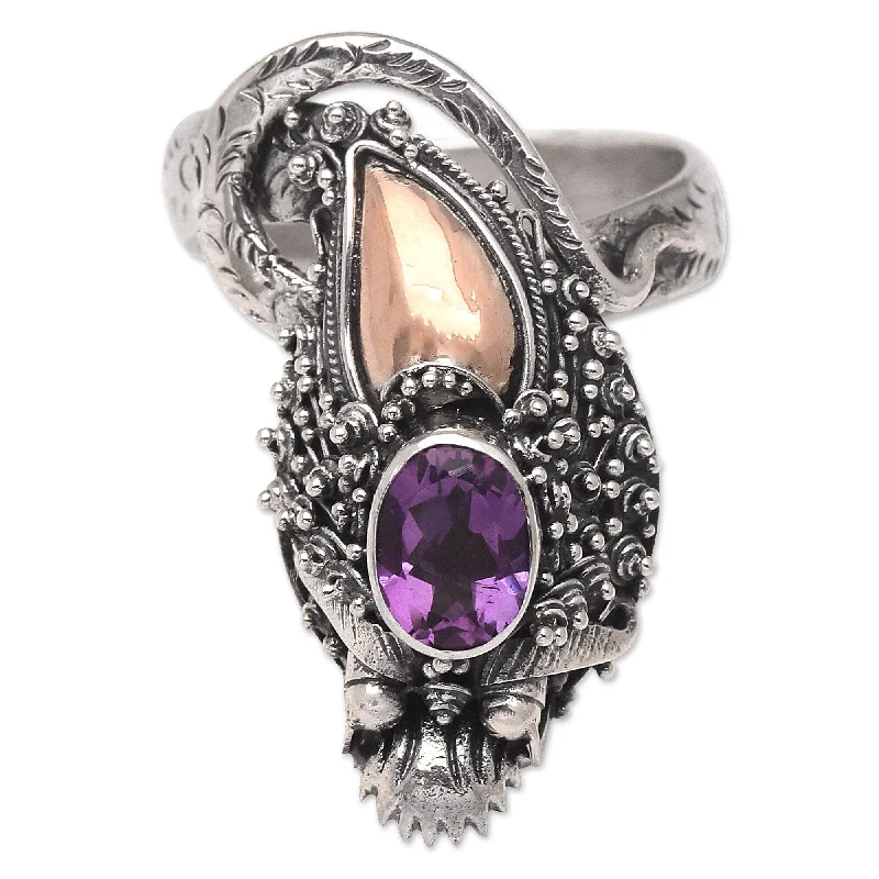 Novica Handmade Basuki Mini In Purple Rose Gold-Accented Amethyst Cocktail Ring