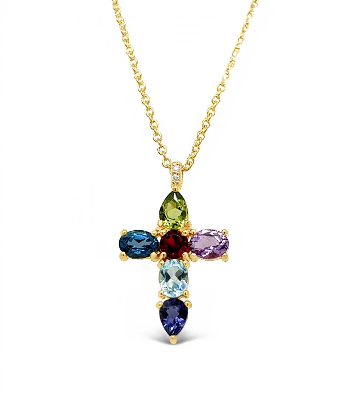 Rainbow Gemstones Cross Pendant