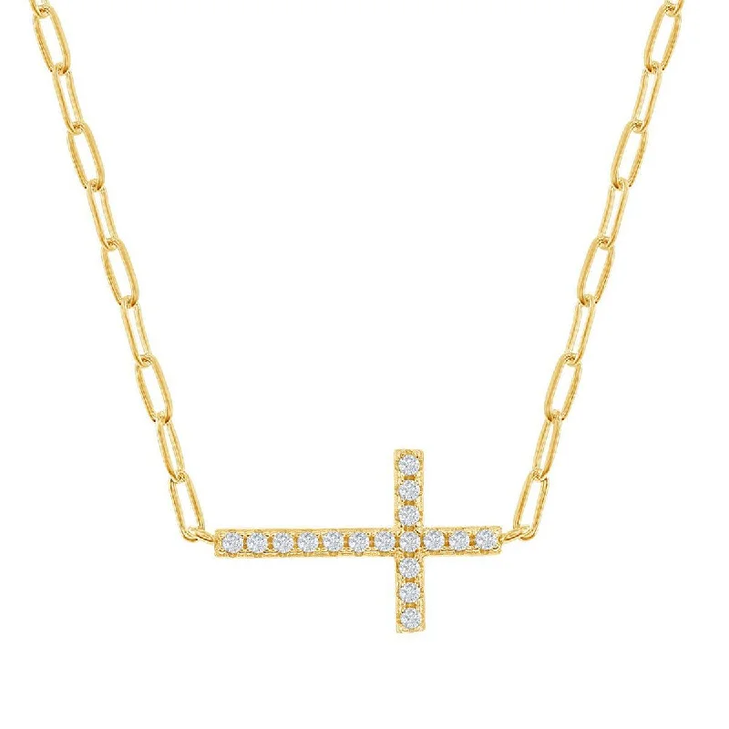 Classic Women's Necklace - GP Sterling Silver CZ Sideways Cross Paperclip | M-6977-GP