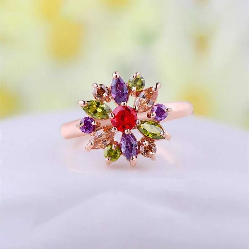 18K Rose Gold Plated Multi Color Rainbow Flower Ring