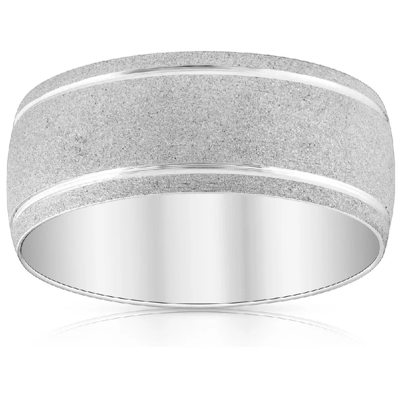 8mm 14k White Gold Brushed Two Line Ring Mens Wedding Band