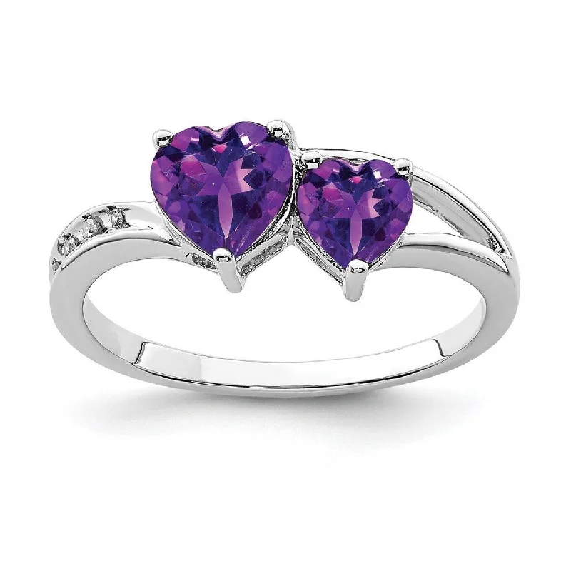 Curata 925 Sterling Silver Polished Open back Rhodium Plated Diamond and Amethyst Love Heart Ring