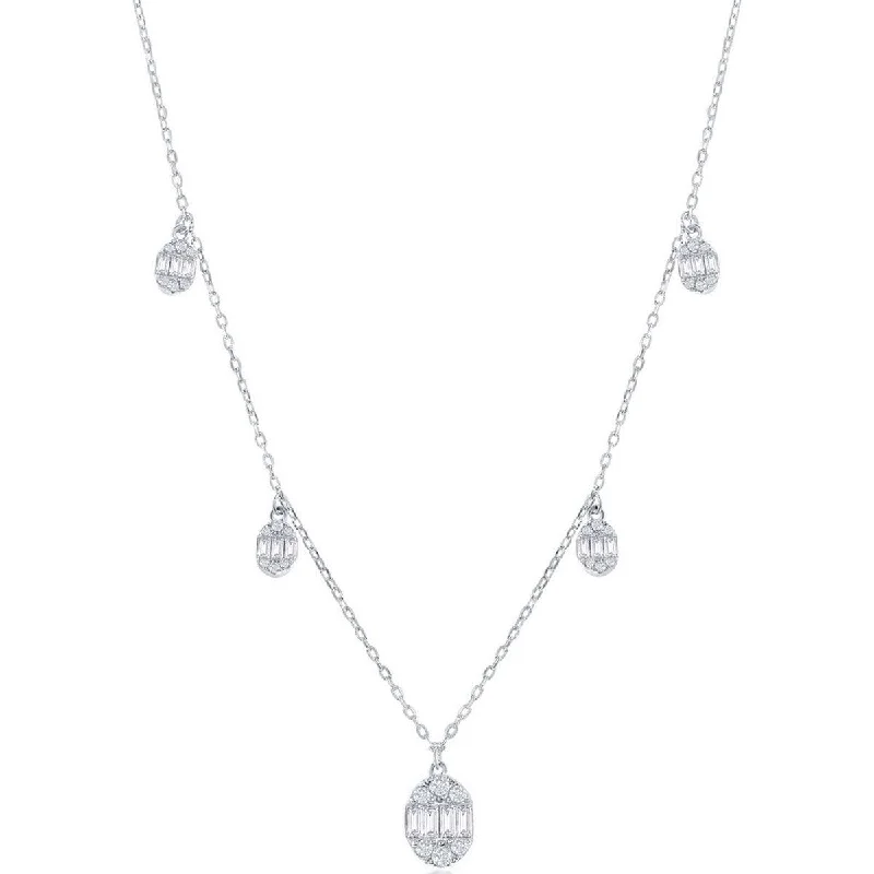 Classic Women's Necklace - Sterling Silver Baguette CZ Oval Charms | M-6925