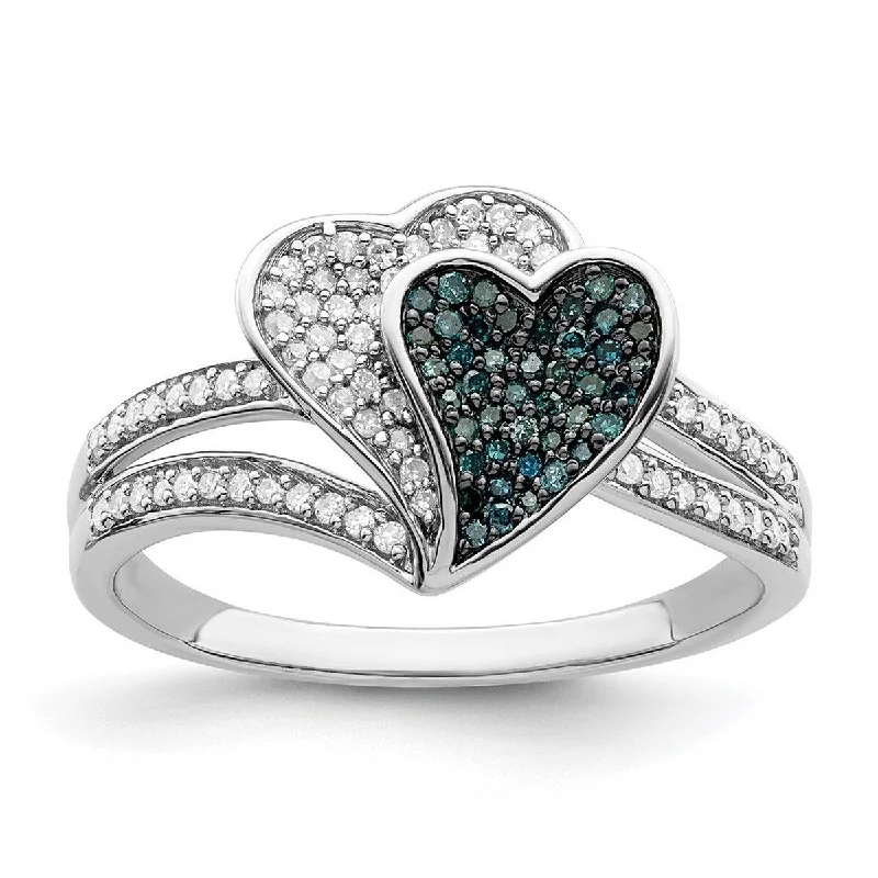 Curata 925 Sterling Silver Rhodium Plated Blue and White Diamond Love Hearts Ring