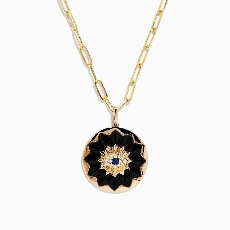 14K Yellow Gold Sapphire, Onyx and Diamond Evil Eye Pendant