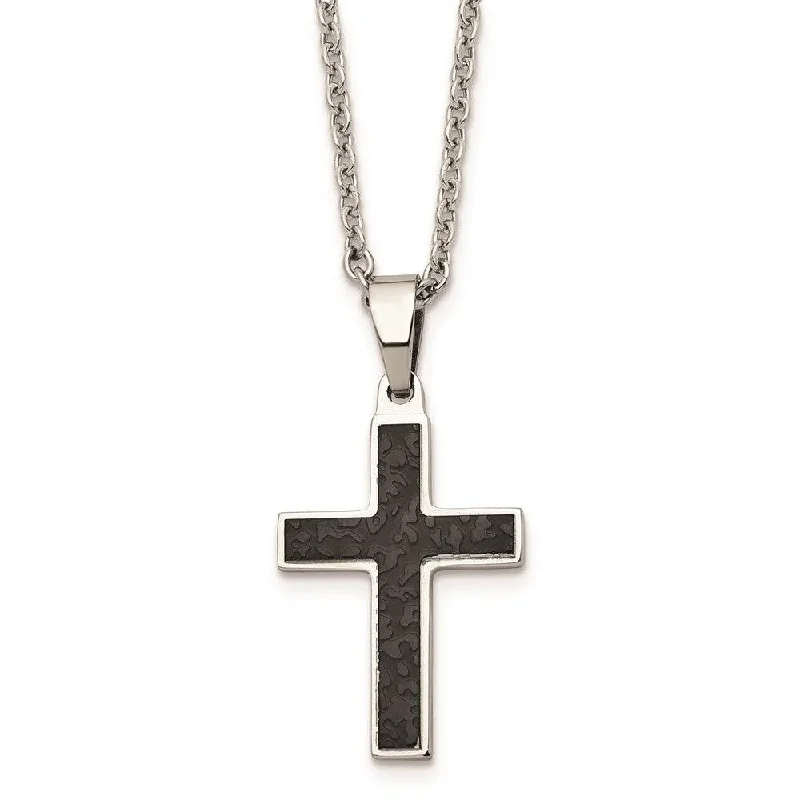 Stainless Steel Polished and Textured Black IP-plated Cross Necklace