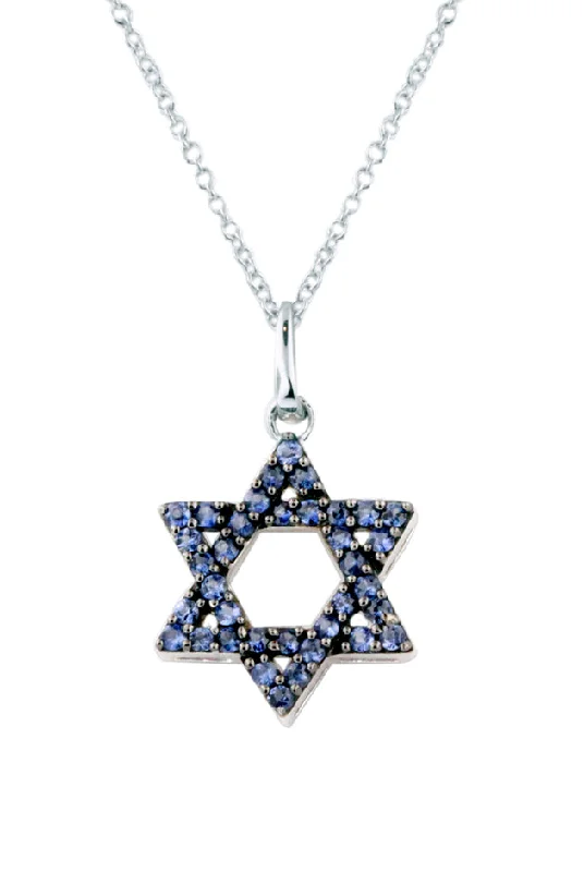 Novelty 14K White Gold Blue Sapphire Star of David Pendant, 0.36 TCW