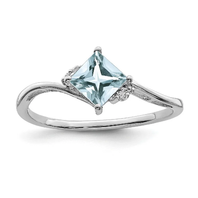 Curata 925 Sterling Silver Polished Rhodium Plated Diamond and Aquamarine Square Ring