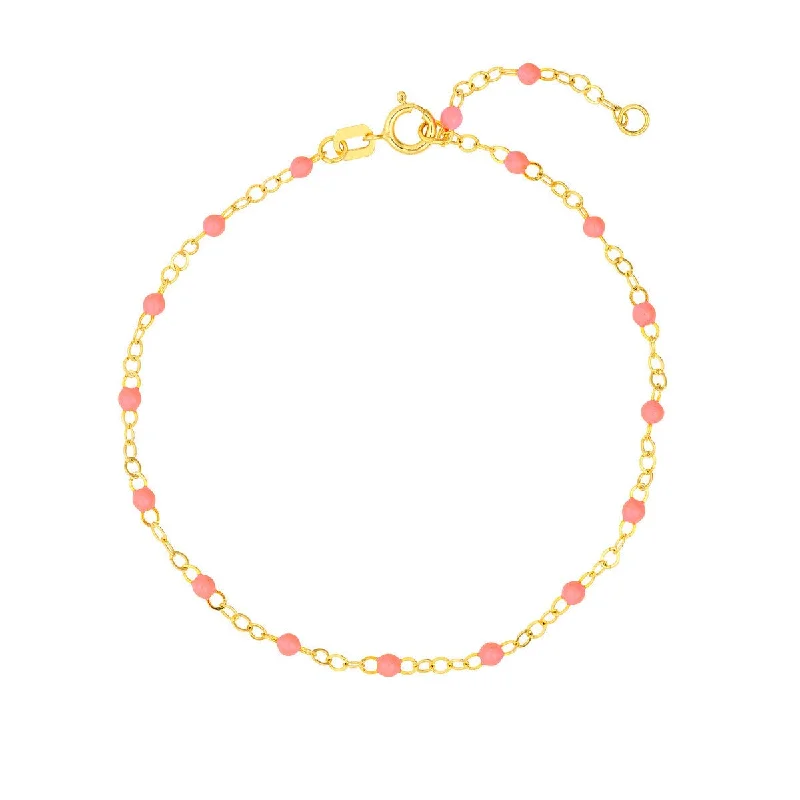 14K Yellow Gold Baby Pink Enamel Bead Piatto Chain Bracelet