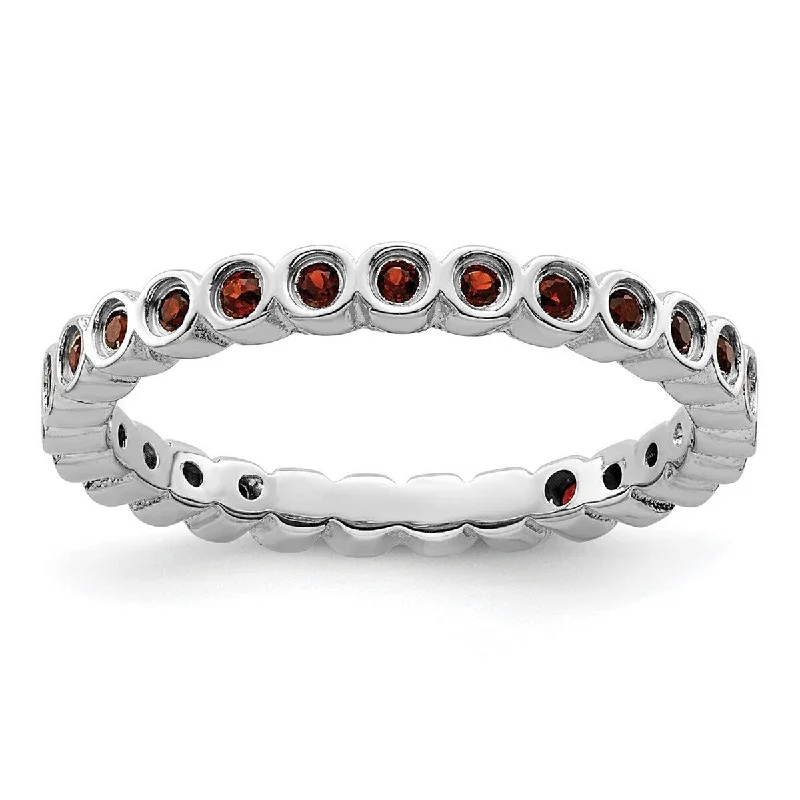 Curata 925 Sterling Silver Bezel Polished Patterned Stackable Expressions Garnet Ring