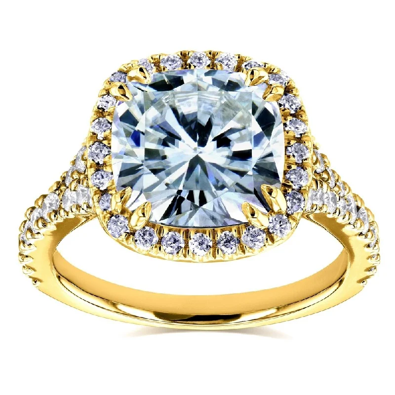 Annello by Kobelli 14k Yellow Gold 3 1/3ct TGW Cushion Moissanite and Diamond Halo Cathedral Ring