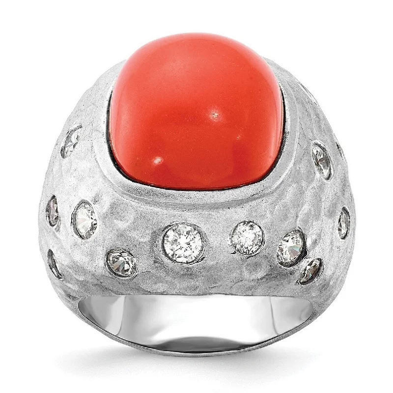 Curata 925 Sterling Silver Satin Red Simulated Coral and Cubic Zirconia Ring