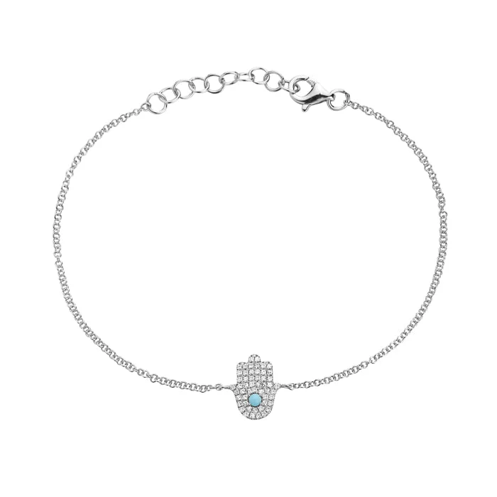 14K White Gold Turqoise And Diamond Hamsa Bracelet