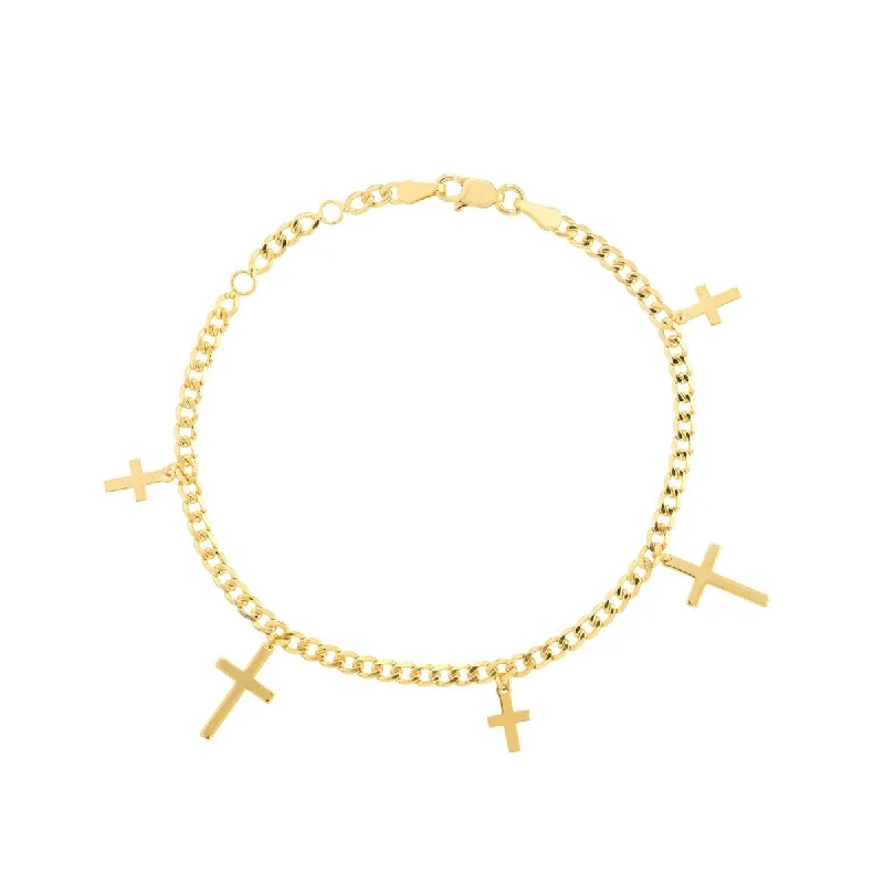 14K Yellow Gold Cross Dangles Curb Chain Adj. Bracelet