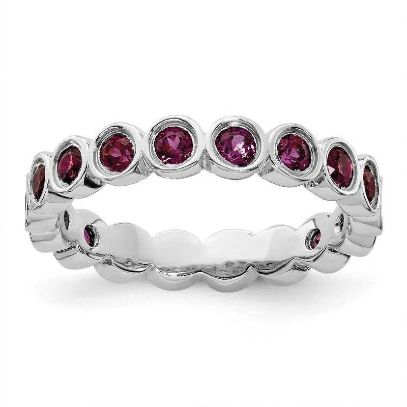 Curata 925 Sterling Silver Bezel Polished Patterned Stackable Expressions Rhodolite Garnet Ring