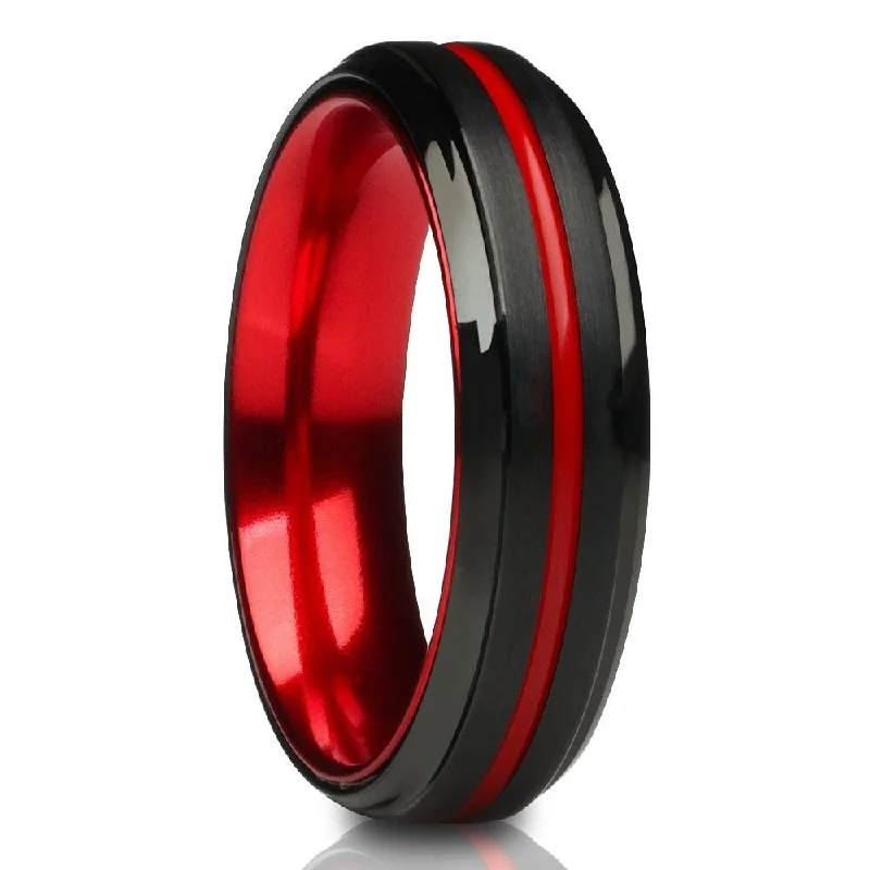 Black Tungsten Wedding Ring 6Mm Red Groove Comfort Fit Cobalt Free Jewelry Grade