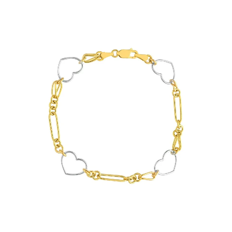 14K Two Tone Gold Heart and Link Station Bracelet