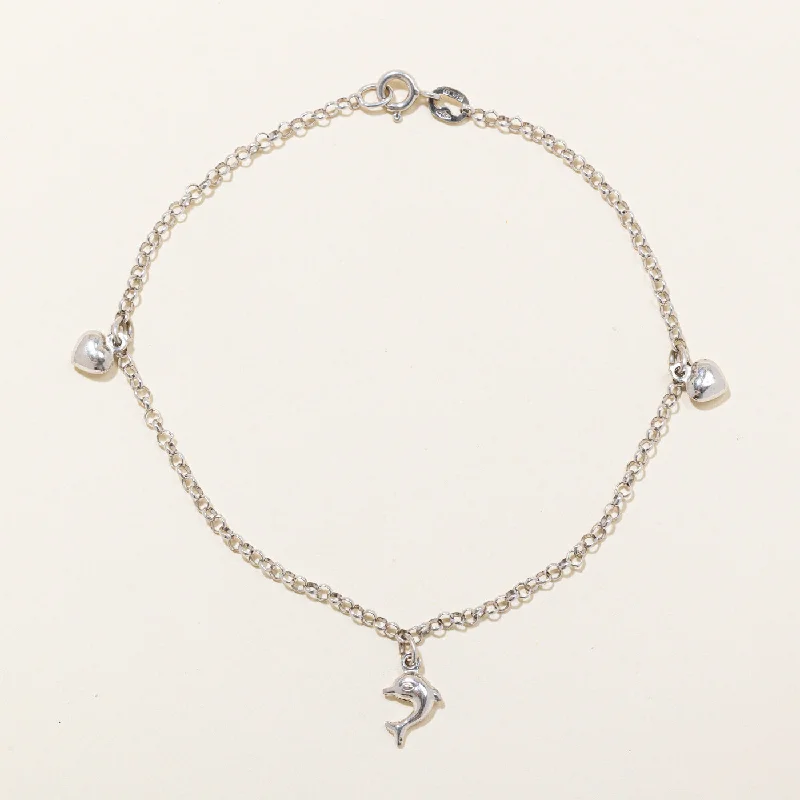 Italian 18k White Gold Dolphin & Heart Charm Bracelet | 9.25" |