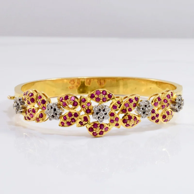 Floral Diamond and Ruby Cluster Bangle | 0.42 ctw SZ 7.5" |