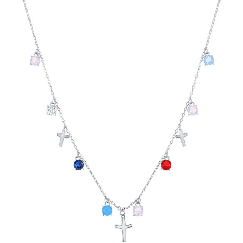 Classic Women's Necklace - Round Multi-Color CZ and Crosses | M-6814