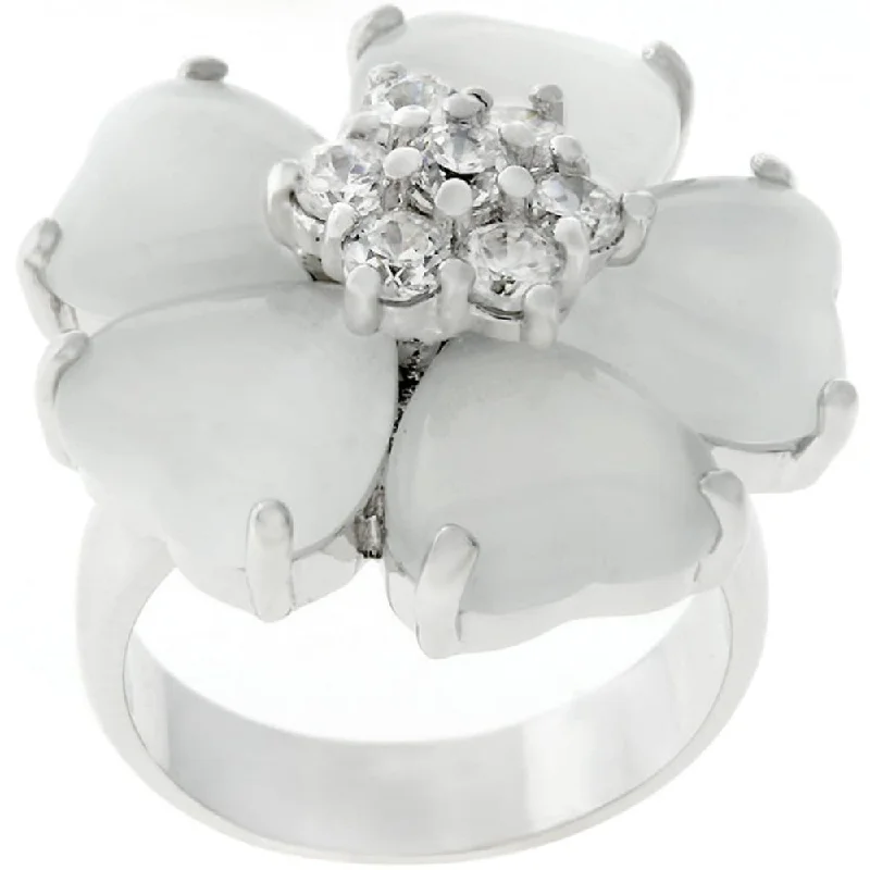 Rhodium-Plated Brass Floral Ring, Round Cats Eye Classic Design