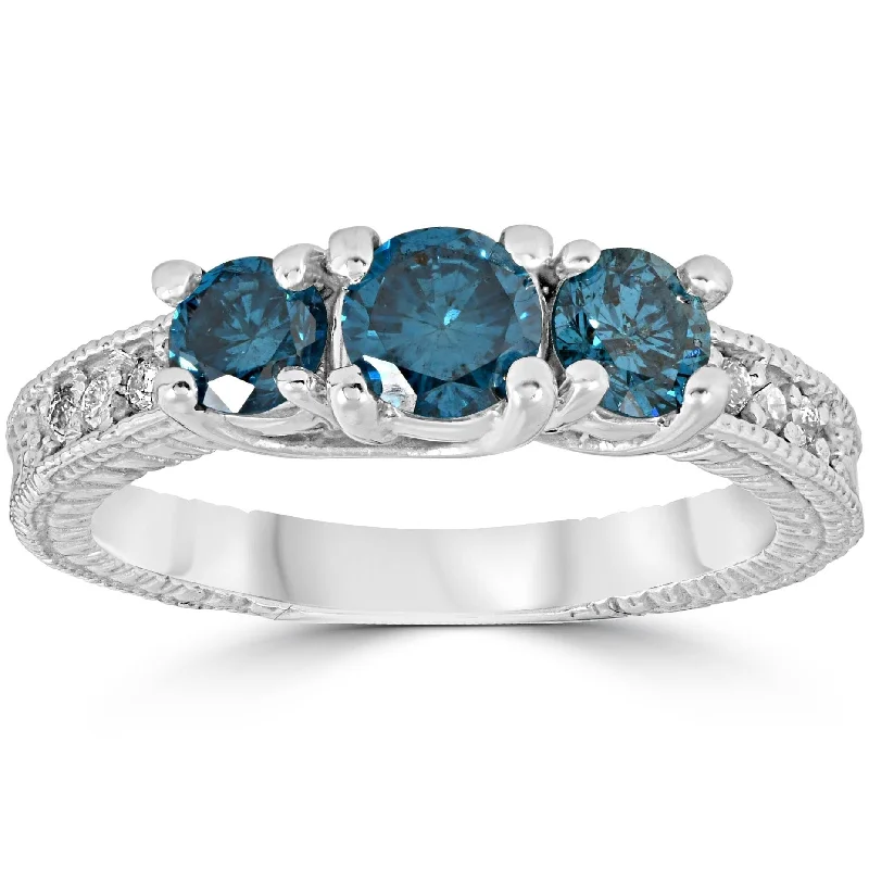 1 Carat Treated Blue Diamond Vintage 3 Stone Ring White Gold