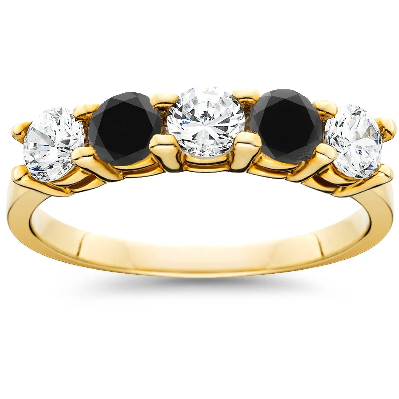 1 1/4CT Black & White Diamond 5 Stone Wedding Ring Yellow Gold