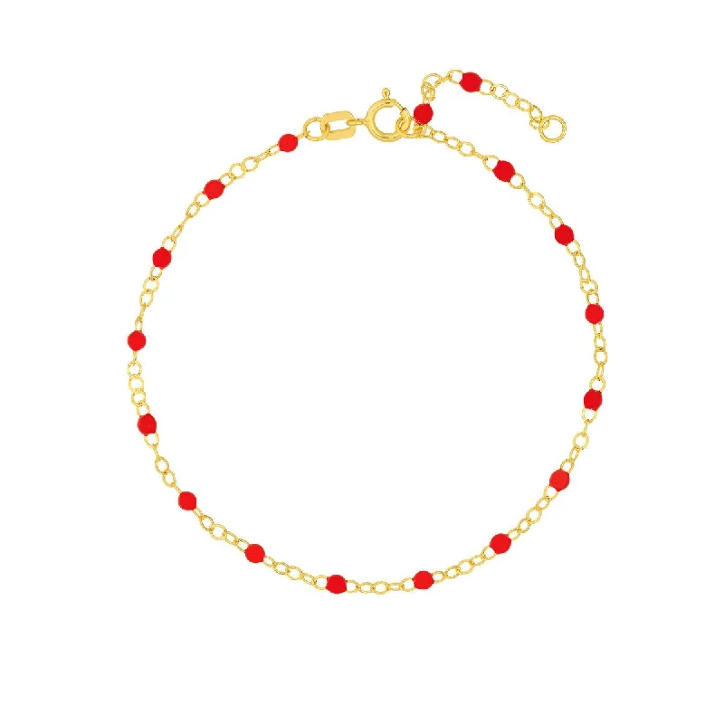 14K Yellow Gold Red Enamel Bead Piatto Chain Bracelet