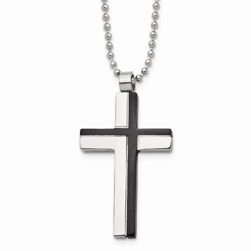 Stainless Steel Polished and Laser Cut Black IP Cross Necklace