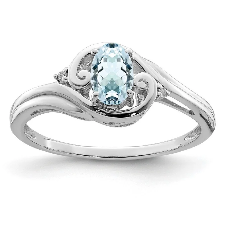 Curata 925 Sterling Silver Polished Open back Rhodium Plated Diamond and Aquamarine Ring