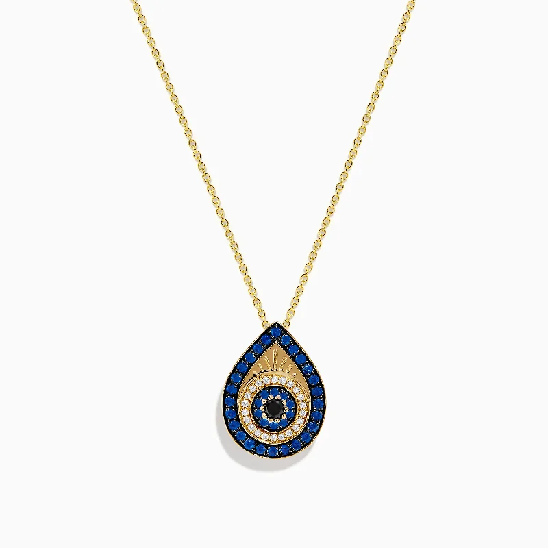 14K Yellow Gold Sapphire, Black and White Diamond Evil Eye Pendant