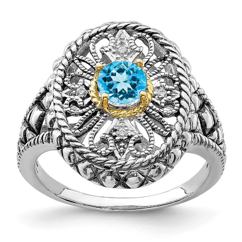 Curata 14k Gold and 925 Sterling Silver Polished Blue Topaz And CZ Cubic Zirconia Simulated Diamond Filagree Oval Fancy Ring