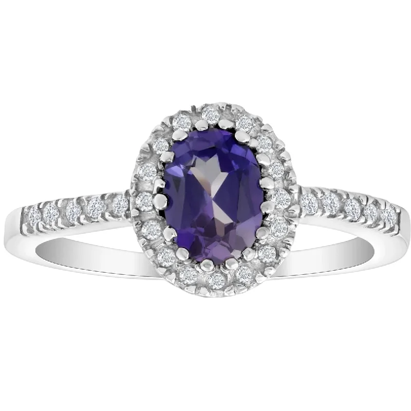 3/4 Ct Diamond Oval Halo Amethyst Ring White Gold