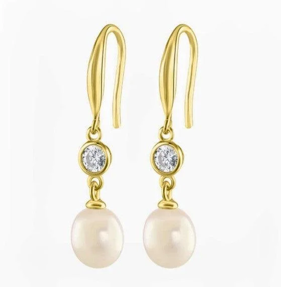 Gold Pearl and Cubic Zirconia Drop Earrings