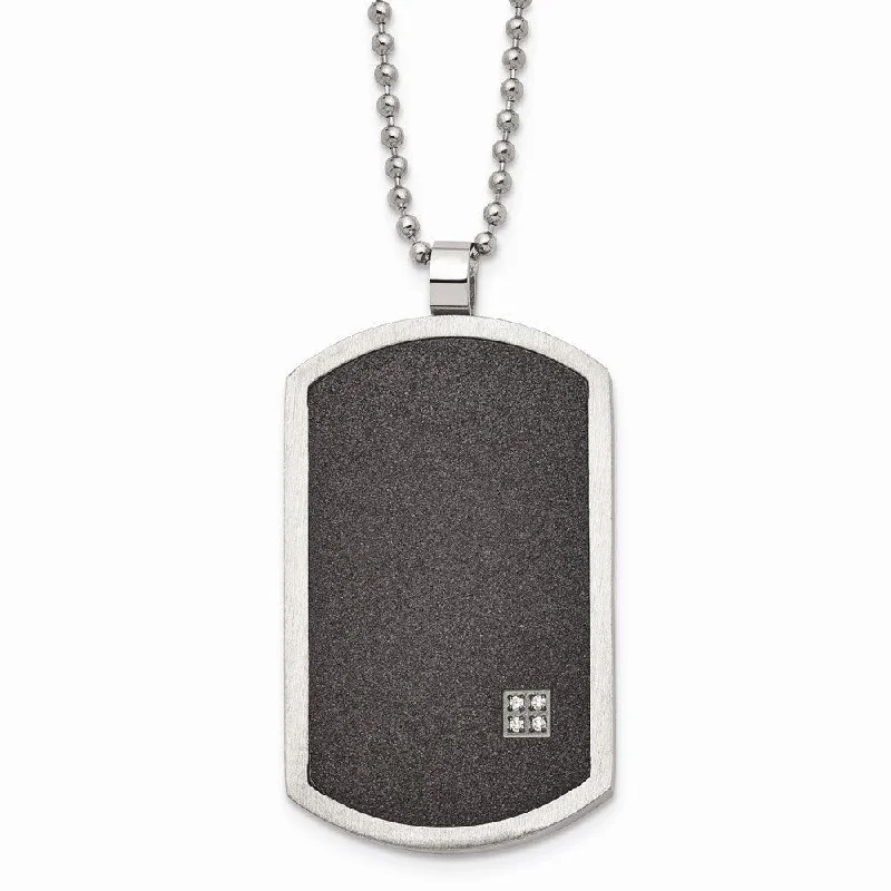 Stainless Steel Brushed LaserCut Black IP-Plated CZ Dogtag Necklace